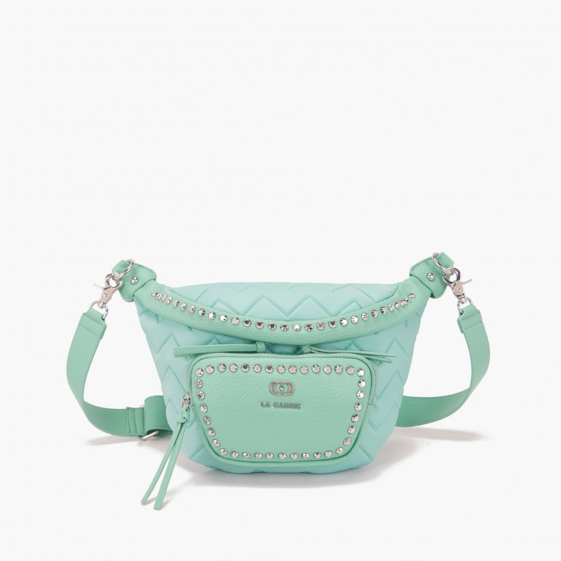 Borsa marsupio in ecopelle martellata e nylon trapuntato imbottito con borchie argento - 151M-MB-410-NYS_AZU